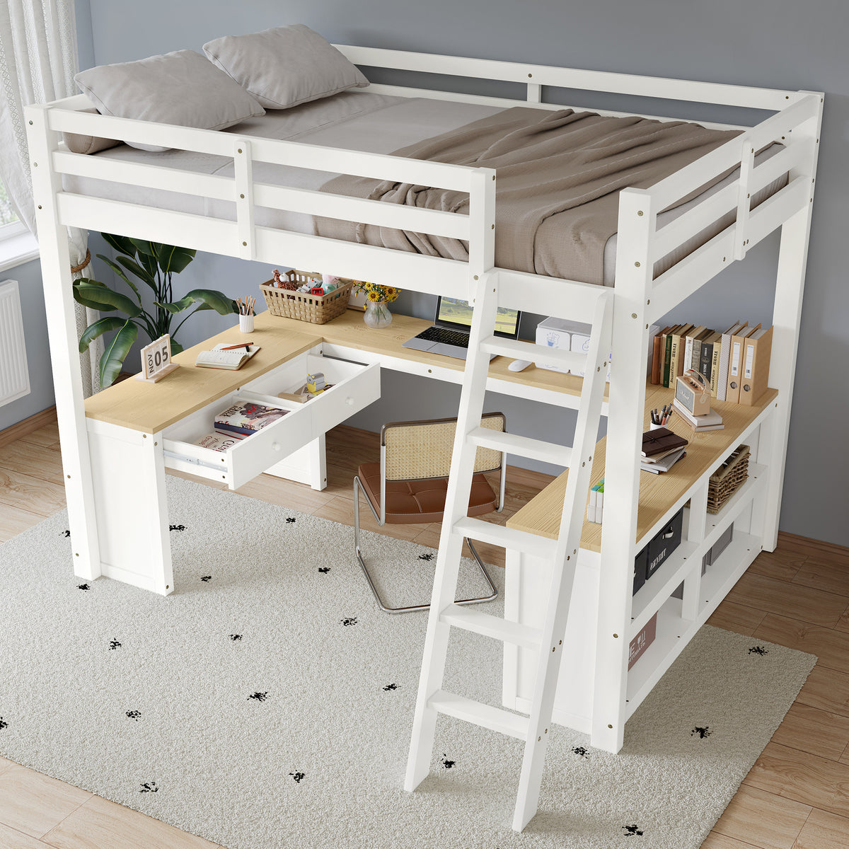 Loft Bed with U-Shaped Desk & Drawers 140x200cm - White & Natural