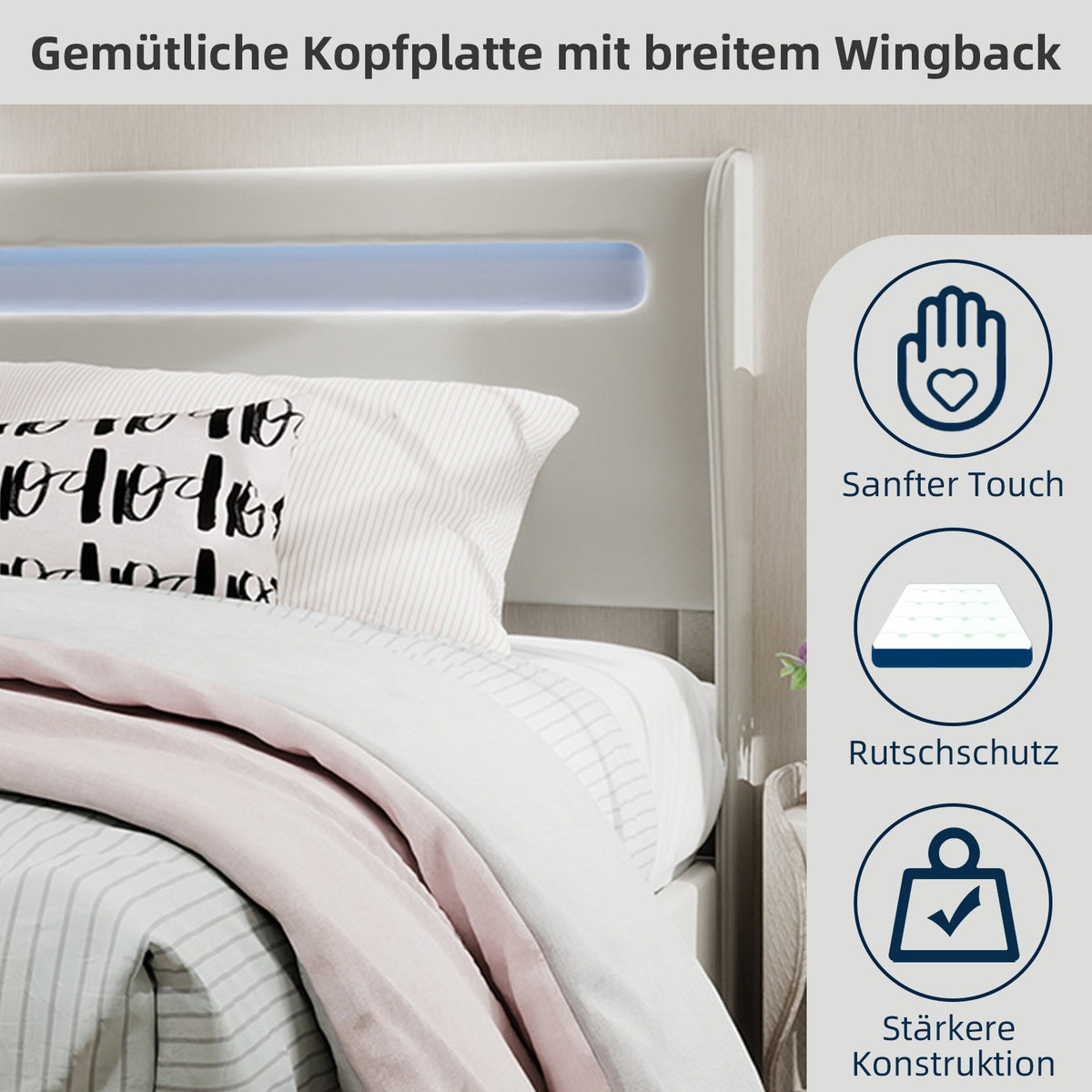 Upholstered Bed, Modern Minimalist with LED Headboard, 140x200 cm, Beige