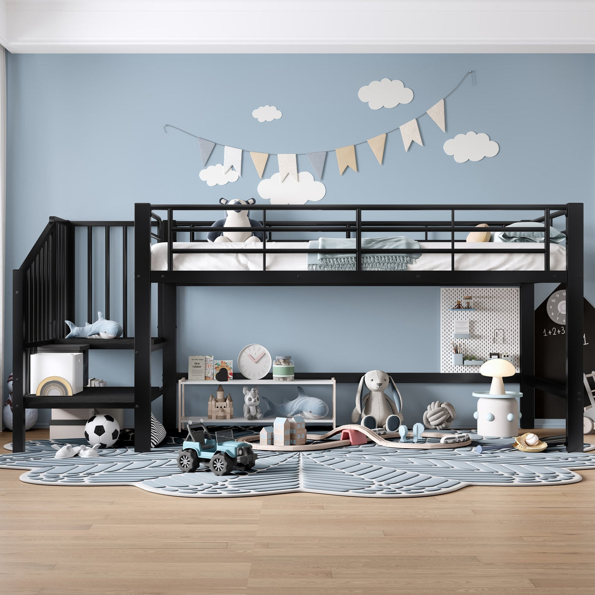 Semi-High Loft Bed 90x200 Storage Stairs Black
