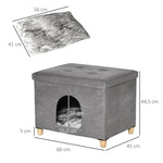 PawHut 2-in-1 Cat Cave Footstool with Cushion, Cat House, Cat Basket, Plush Grey