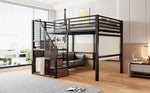 Loft Bed 140x200cm with Safety Ladder Iron Frame Storage Area - Black