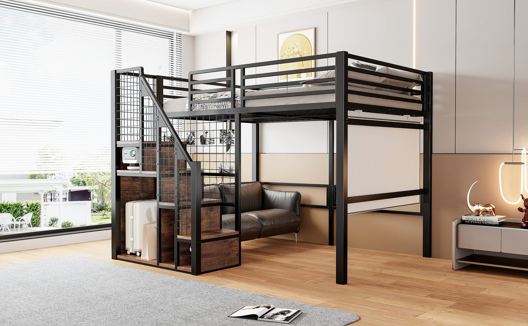 Loft Bed 140x200cm with Safety Ladder Iron Frame Storage Area - Black