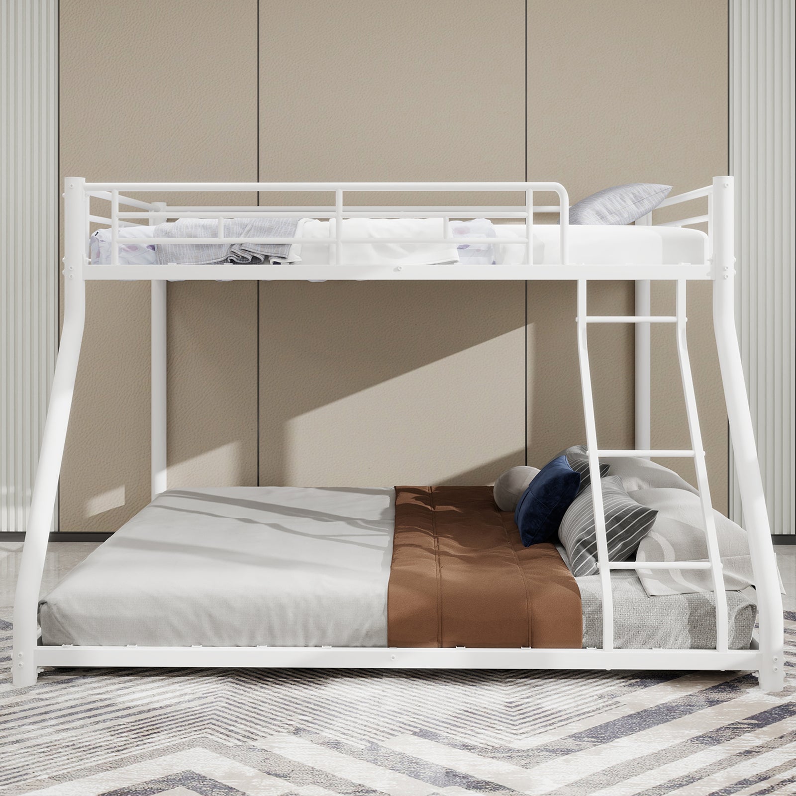 Bunk Bed, Twin Over Full with Ladder & Guardrail, Heavy Duty Metal