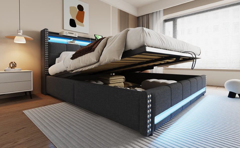 Upholstered Bed 180x200cm LED/USB Hydraulic Storage Linen Fabric Grey