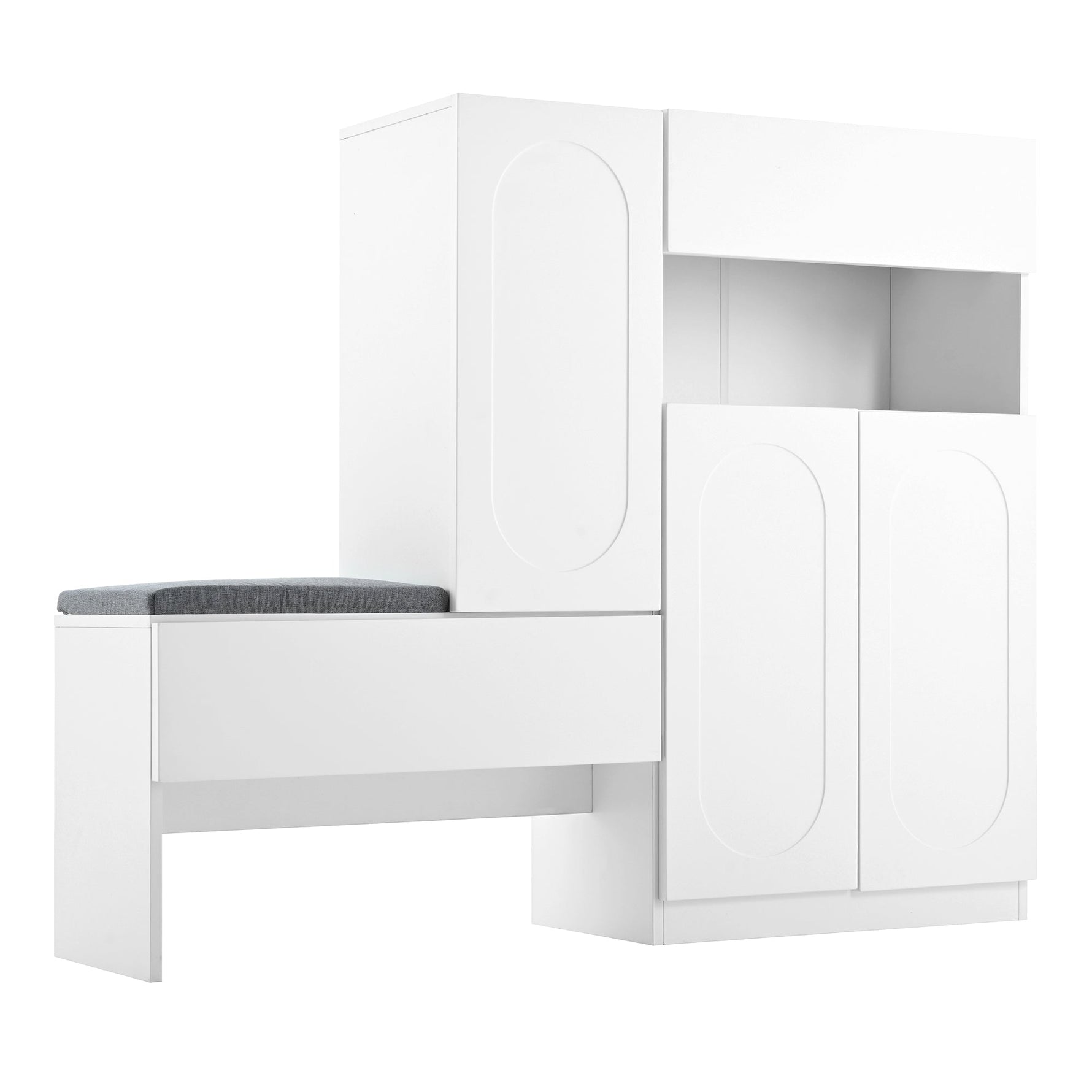 Trendy 2-in-1 Shoe Cabinet with Curved Doors, Soft-Close, Adjustable Compartments, Upholstered Bench, White