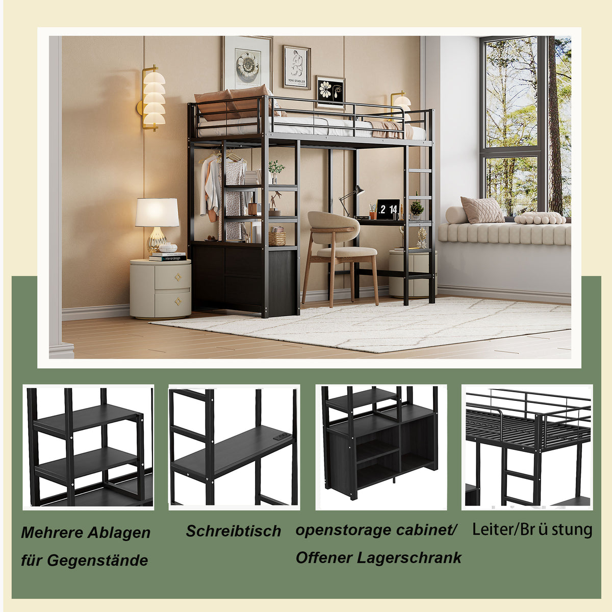 Loft Bed 90x200cm with Desk, Outlets & Shelves, Black Iron