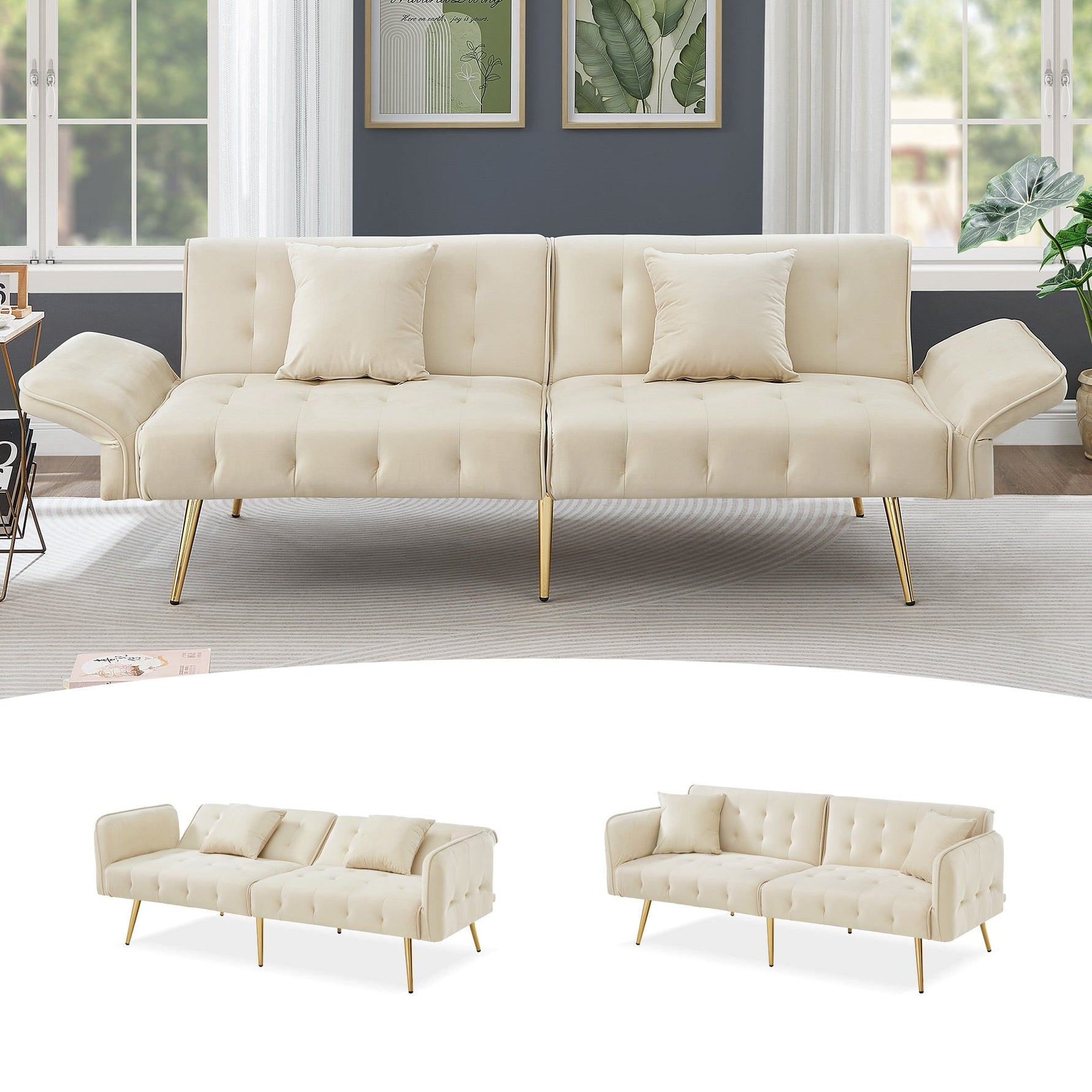 Two-seater Sofa Bed Multifunctional Adjustable Backrest Velour Upholstery
