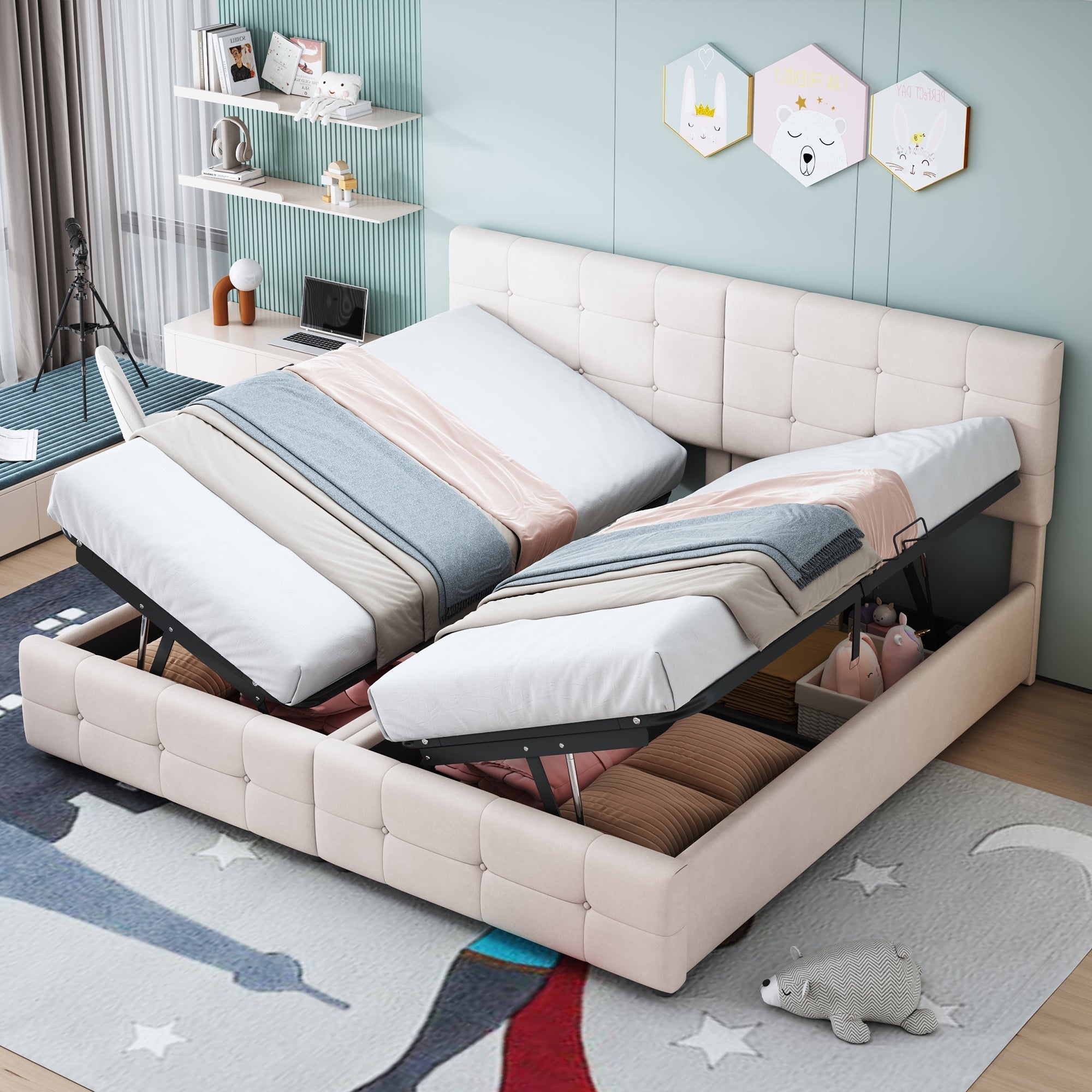 Upholstered Bed 180x200cm, Hydraulic Storage High Box Multifunctional, Beige Velvet