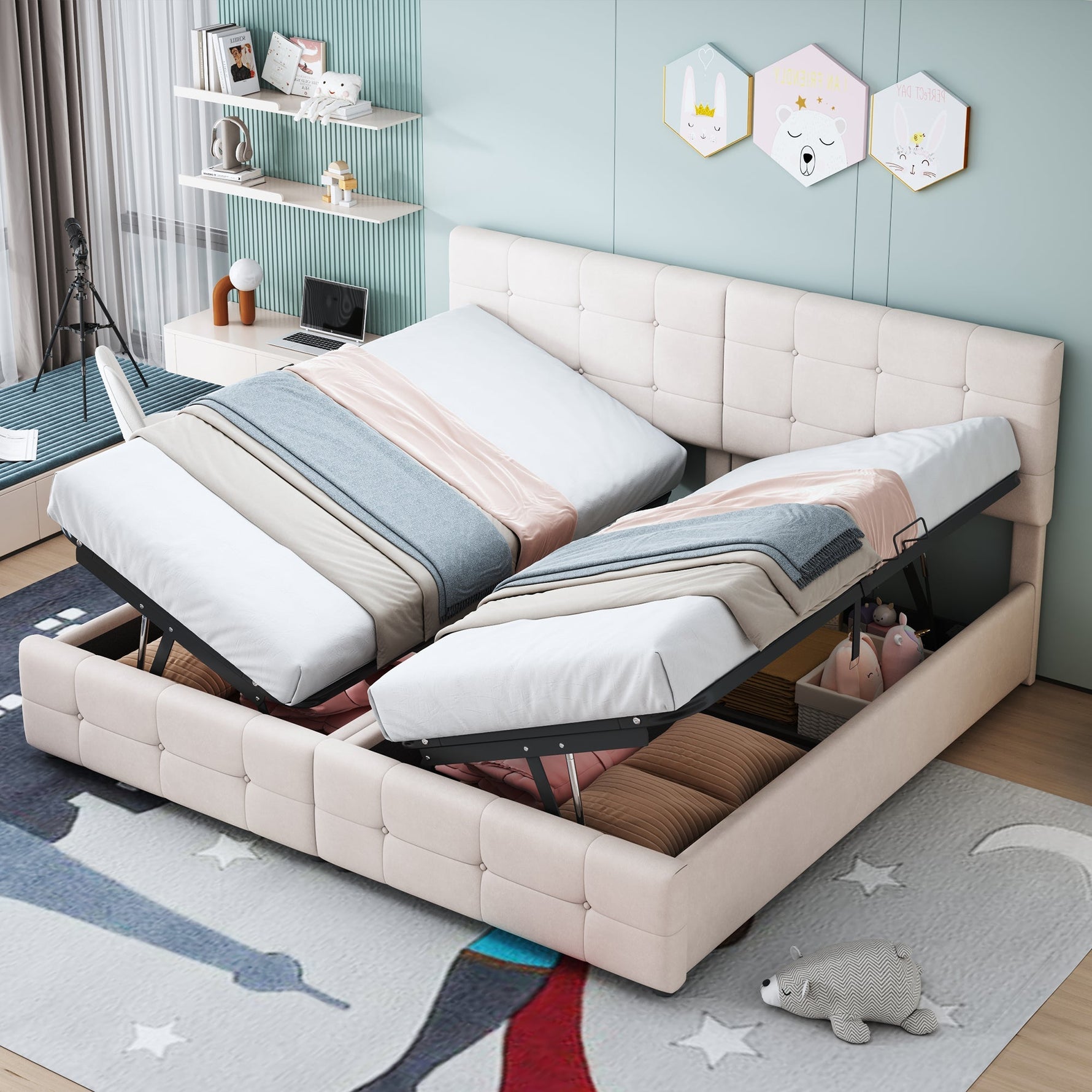 Upholstered Bed 180x200cm, Hydraulic Storage High Box Multifunctional, Beige Velvet