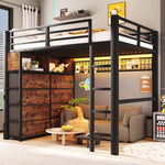 Loft Bed 140x200cm with 8 Drawers & LED Lighting, Black Metal