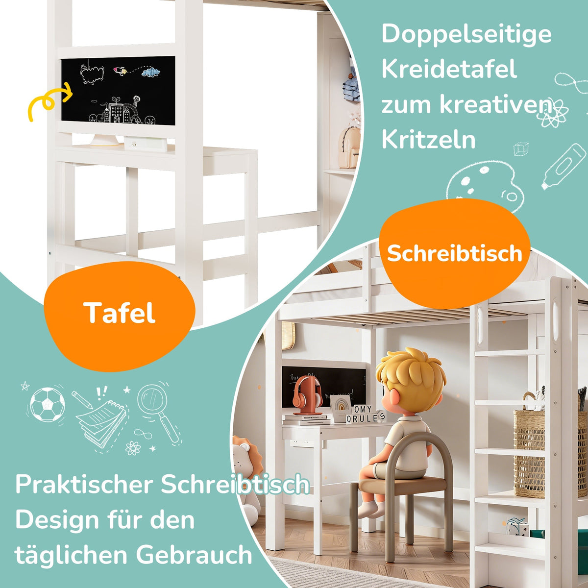Children's Bunk Bed with Desk, Wardrobe and Shelves, 90x200cm, White