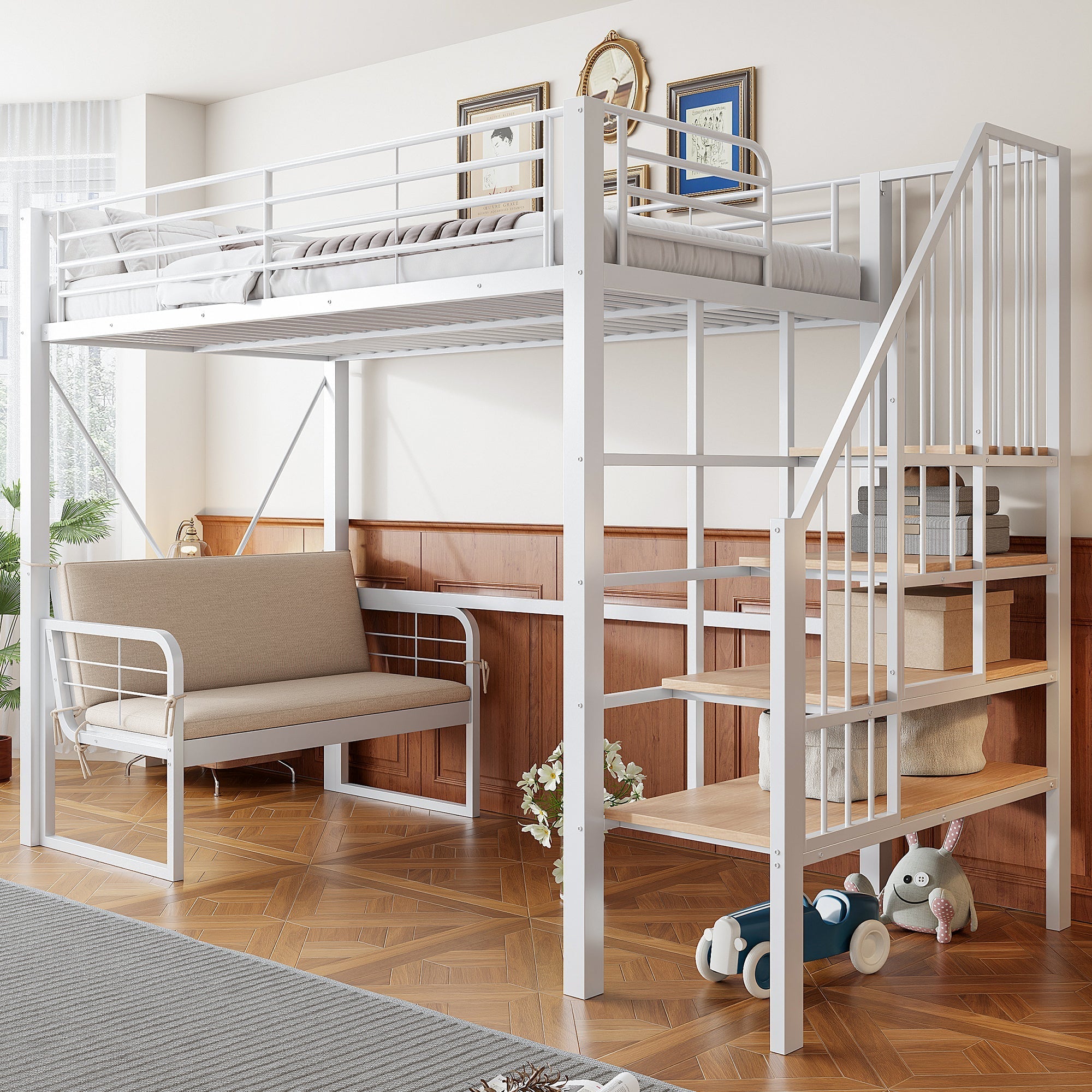 Bunk Bed with Removable Sofa, Storage and Safety Stairs, 90x200cm, White Metal