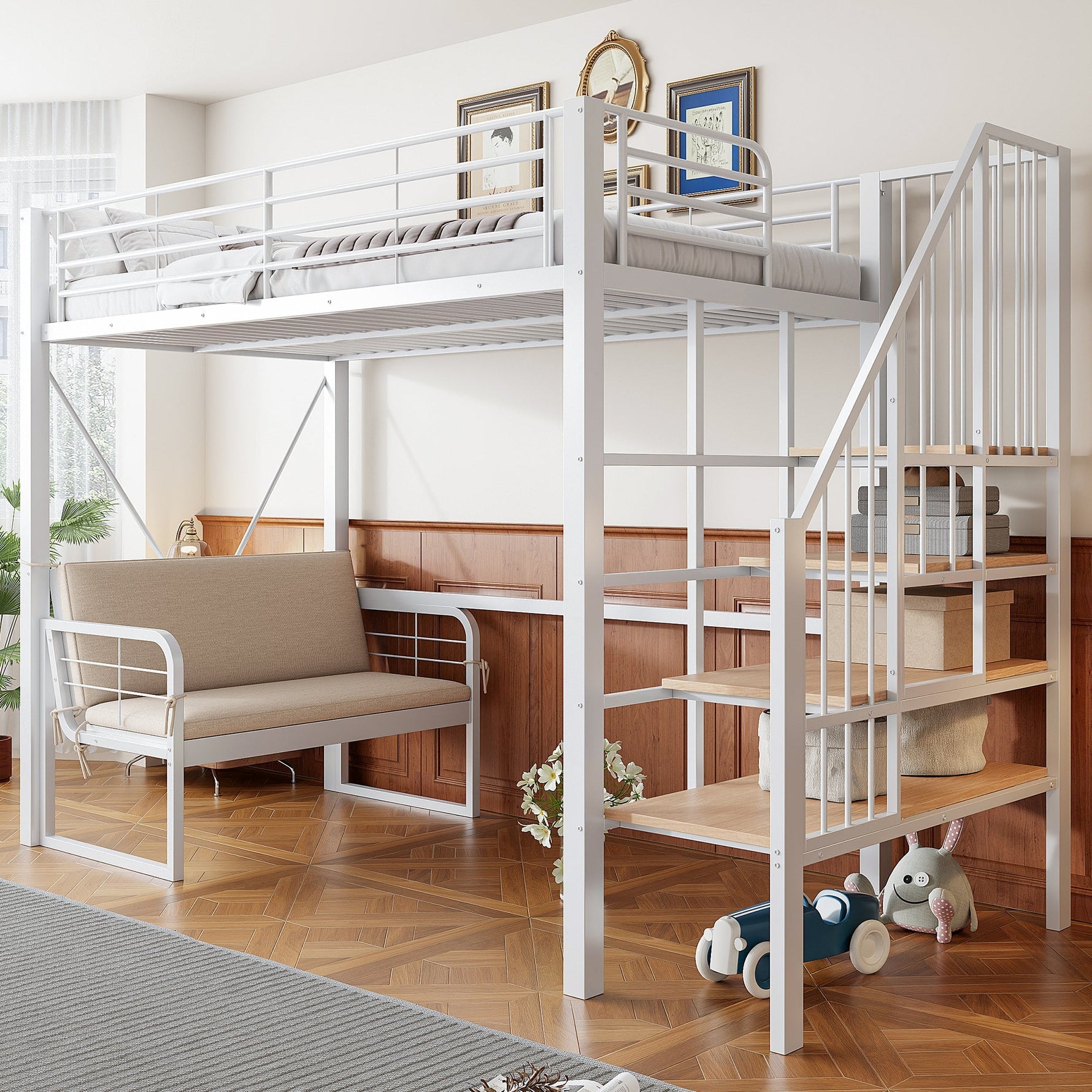 Bunk Bed with Removable Sofa, Storage and Safety Stairs, 90x200cm, White Metal