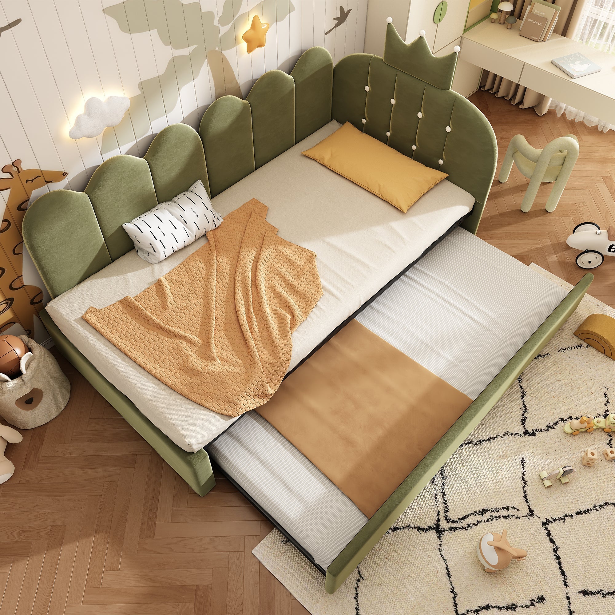 L-Shape Sofa Bed with Pull-out Guest Bed and Crown Lattice Design, 90x200cm, Green Velvet