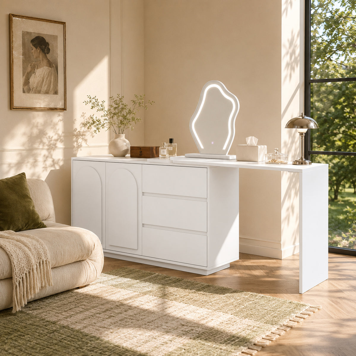 Dressing Table with LED Mirror & Extendable Tabletop, White