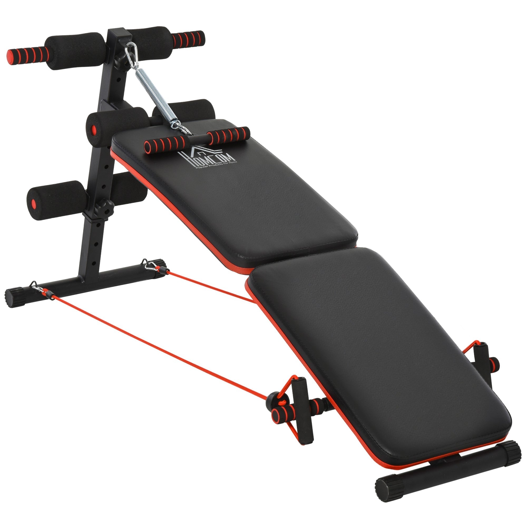 Sit-Up Bench, Adjustable & Foldable, Training Ropes, Steel Black Red