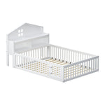 Children's Bed 140x200, Solid Wood House Frame with Shelves & Storage, White