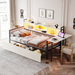Iron Sofa Bed 90x200cm LED Storage Drawers Fold-Out Desk White