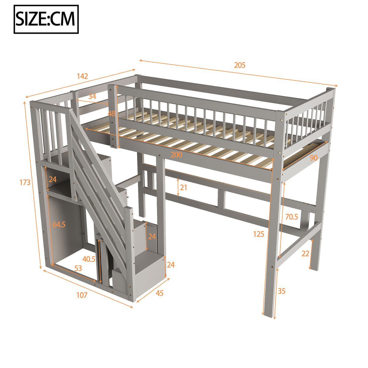 Solid Wood Children's Bed 90x200 with Storage Cabinet, Grey