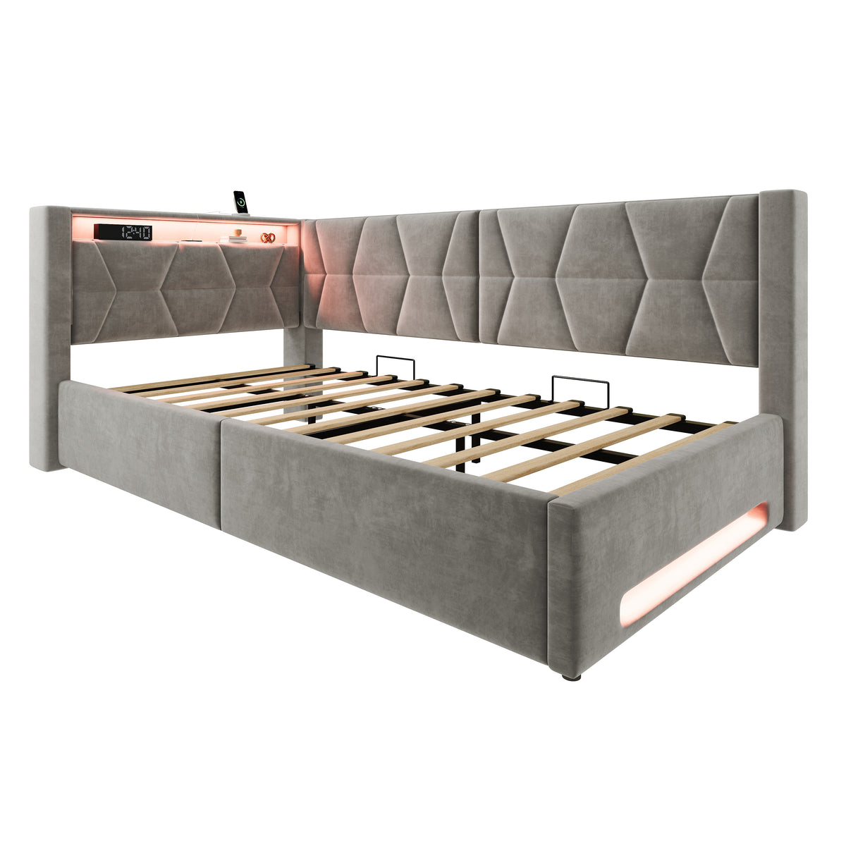 Upholstered Bed 90x200 cm with Storage & LED, Grey Velvet