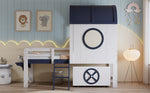 Bunk Bed, Half-Height Kids Bed with Roof, Window, Drawer & Ladder, Pine + MDF + Plywood, White + Dark Blue, 90x200cm