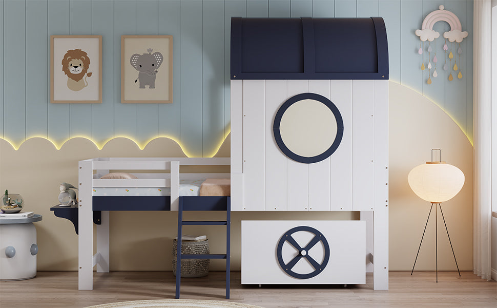 Bunk Bed, Half-Height Kids Bed with Roof, Window, Drawer & Ladder, Pine + MDF + Plywood, White + Dark Blue, 90x200cm