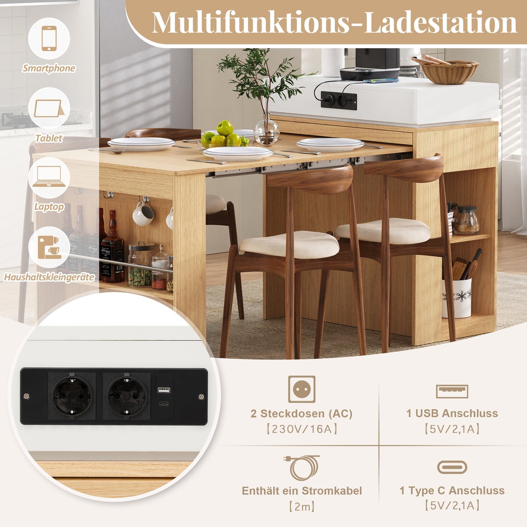Kitchen Island on Wheels Extendable Dining Table Power Strips & Hooks - Natural
