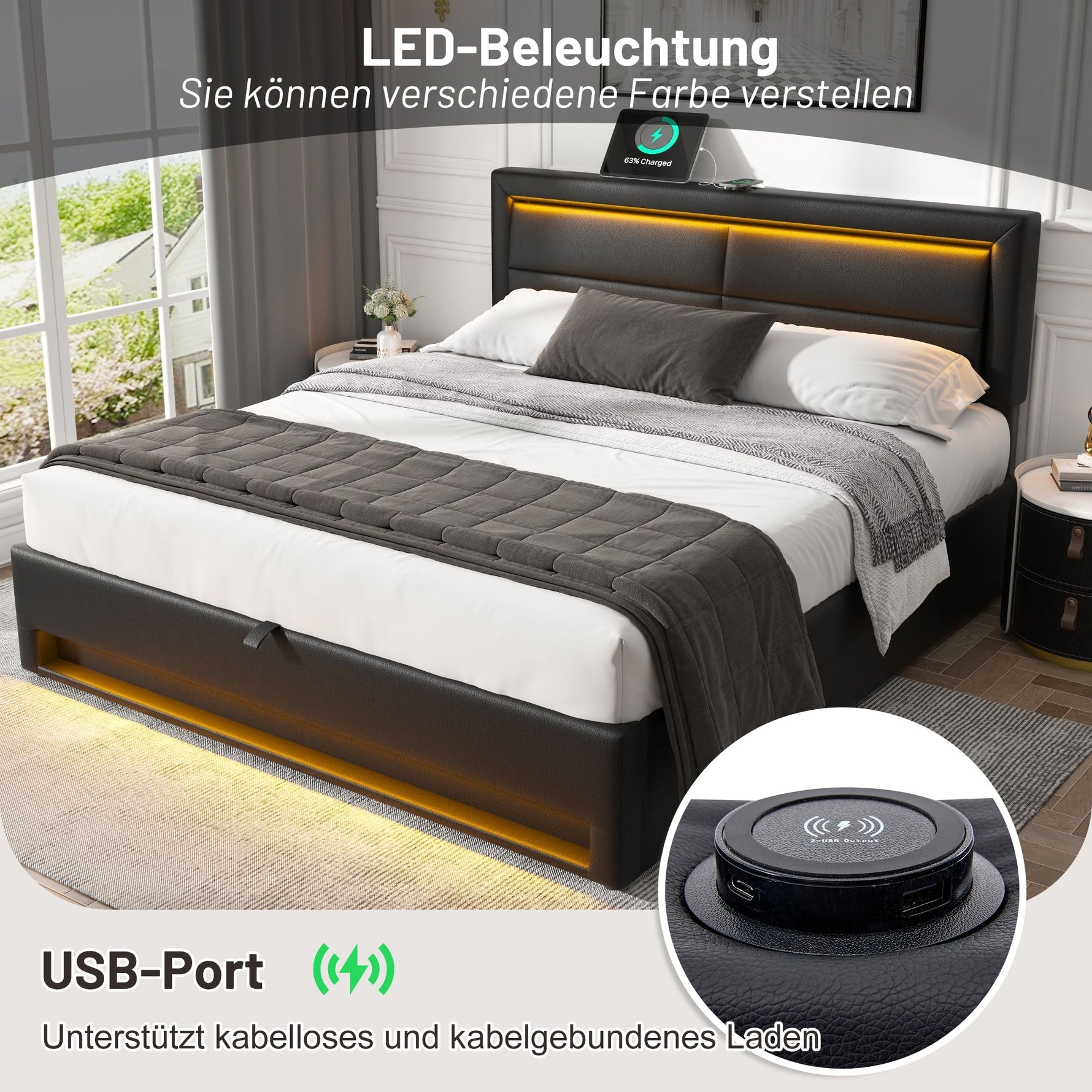 Upholstered Bed with USB Port, LED Lighting and Storage, 140x190cm, Black PU Leather