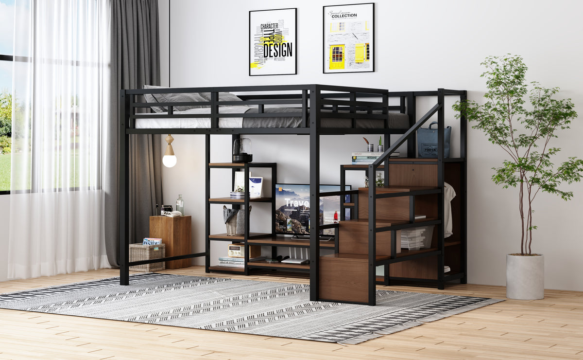 Loft Bed 140x200 with TV Stand & Power Outlet, Black
