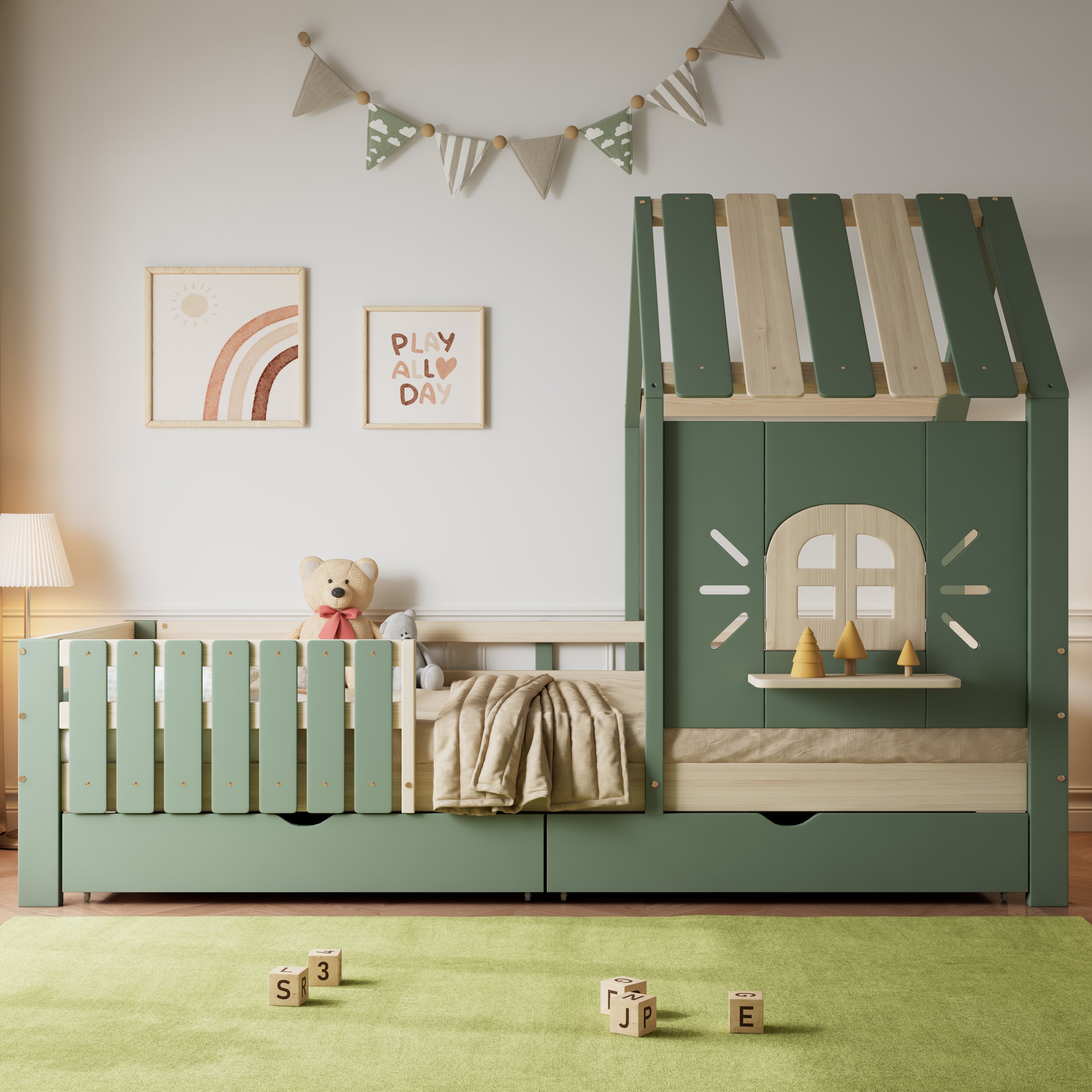 Children's House Bed with Roof, Window, Fence, 2 Drawers, 90x200cm - Pine/MDF Green/Natural