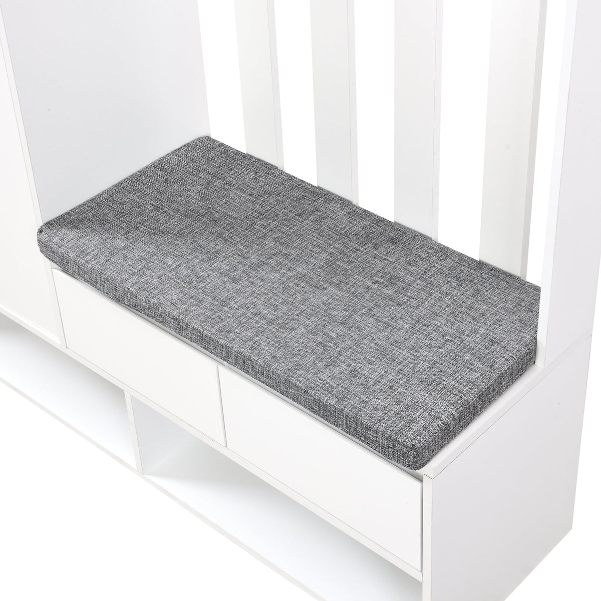 Hallway coat rack with padded storage bench and pegboard, with 4 hooks, white