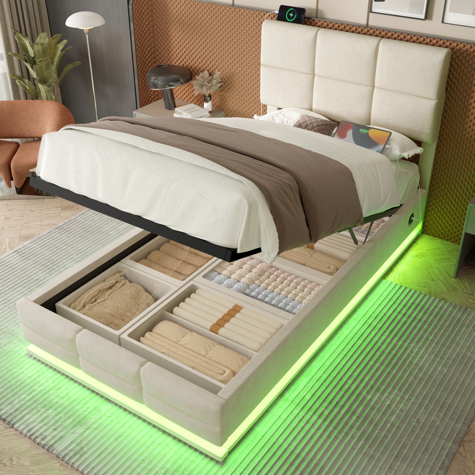 Modern Velour Upholstered Bed 90x200cm Adjustable Headboard USB/LED Hydraulic Storage, Beige