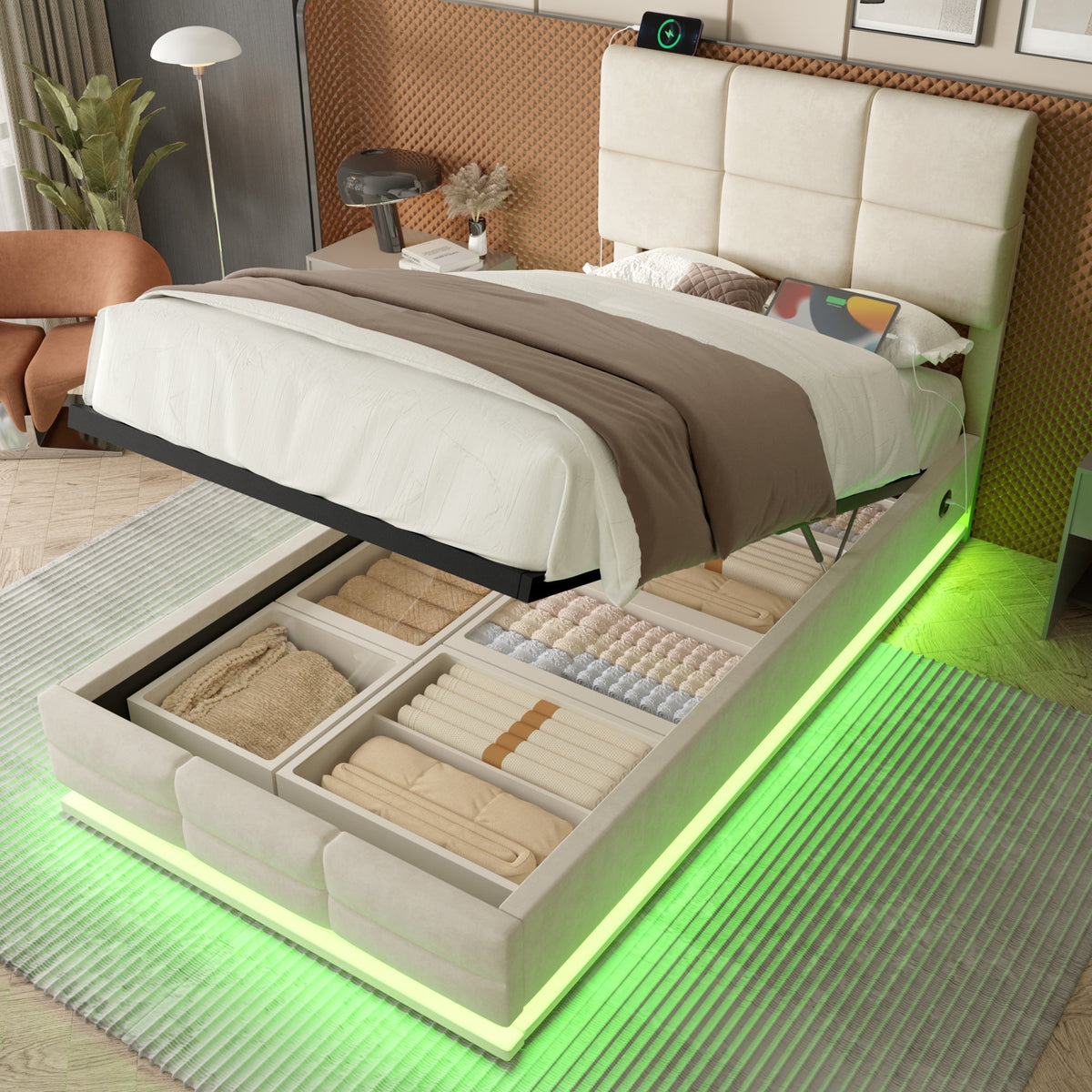 Modern Velour Upholstered Bed 90x200cm Adjustable Headboard USB/LED Hydraulic Storage, Beige