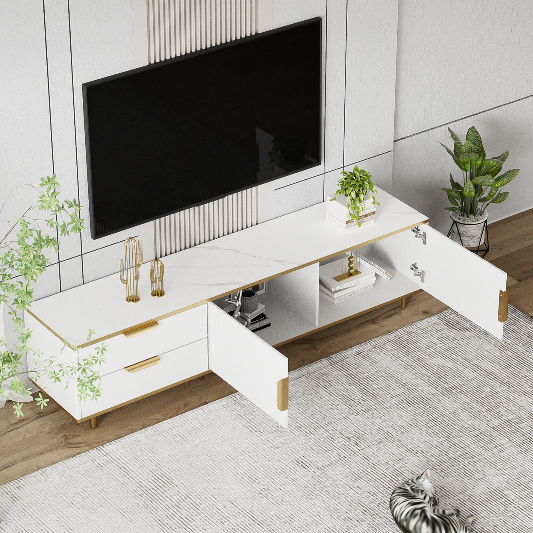 TV Cabinet, Carved Texture with Golden Handles & Feet, Marble