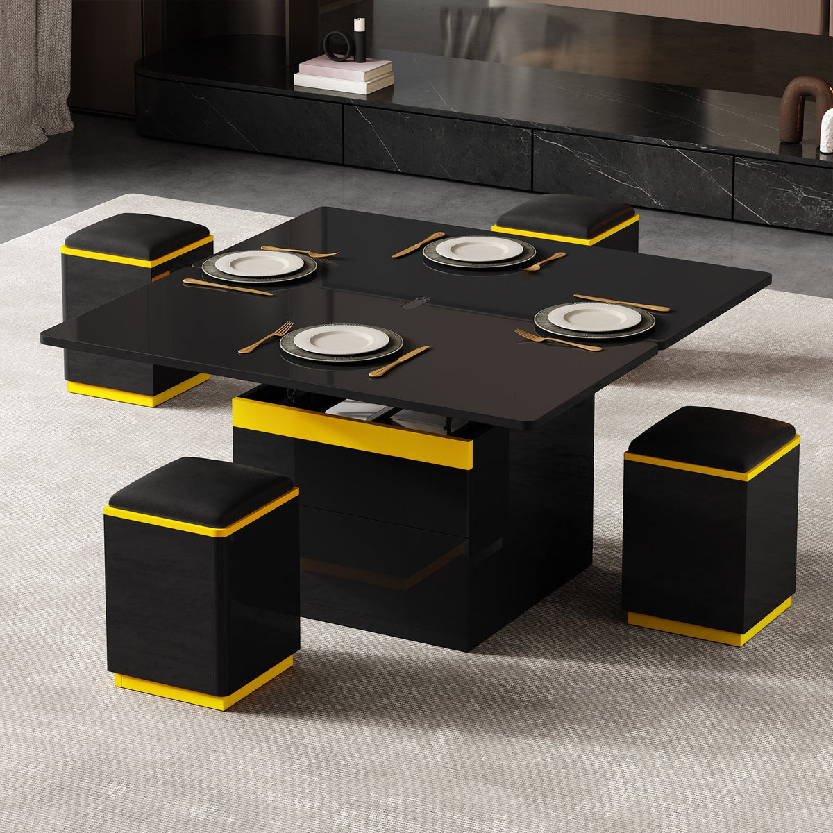 Coffee Table Multifunctional High-Gloss Height-Adjustable Foldable Dining 100x50x43cm - Black