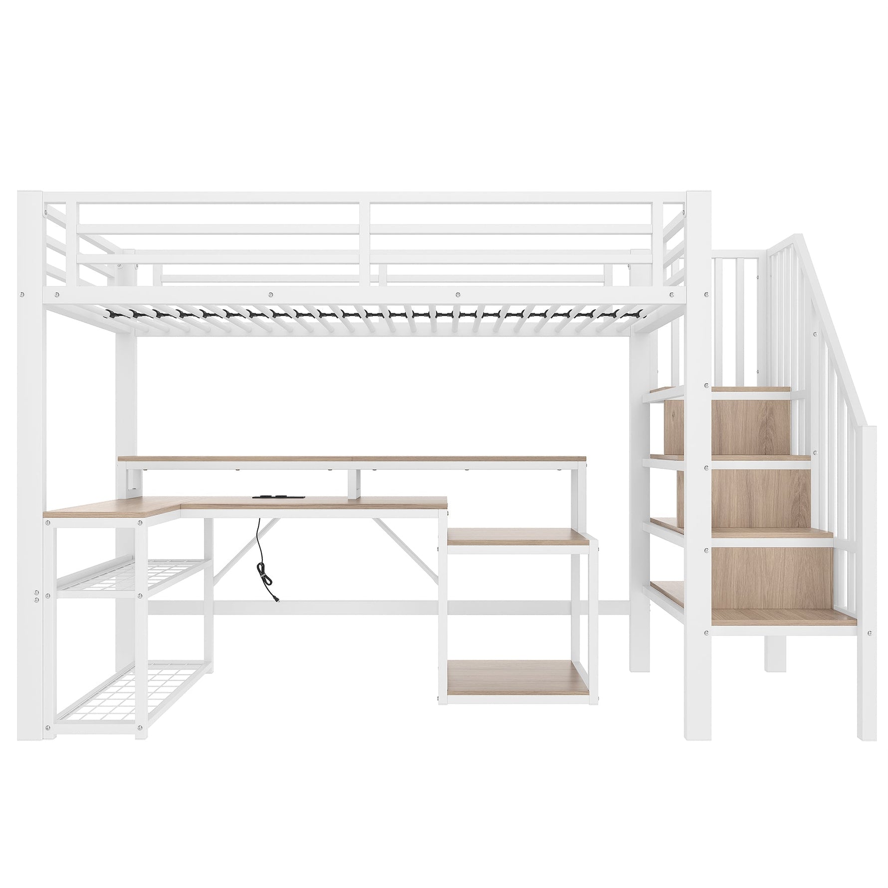 Loft Bed with Desk, LED Light Strip and Storage Staircase, 90 x 200 cm, White Iron Frame
