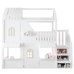 Children's House Bunk Bed 90x200cm with Storage Ladder & LED, White