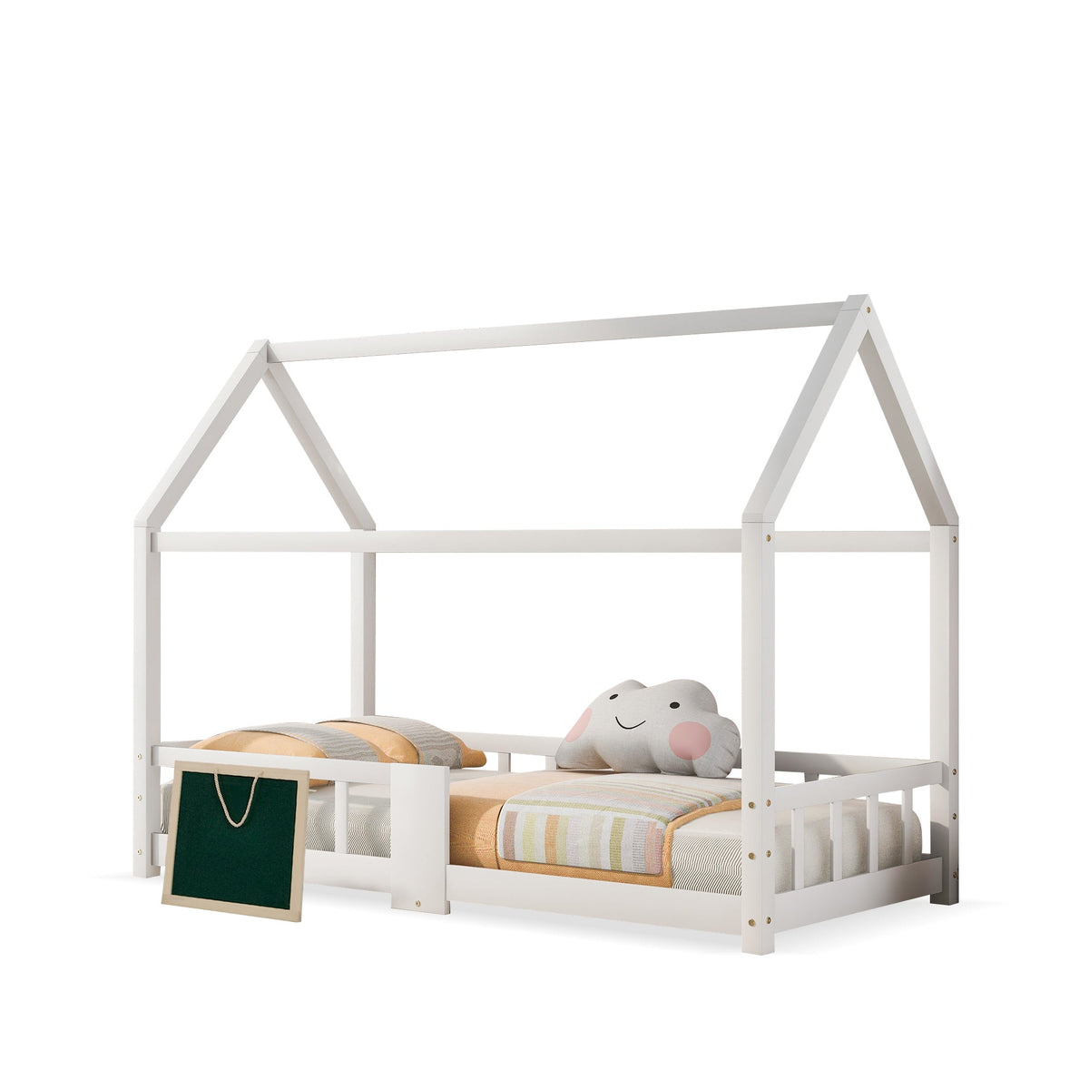 Children's House Bed 90 x 200 cm, with Blackboard & Slatted Frame, White Pinewood