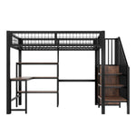 Loft Bed 90*200cm with Desk, Wardrobe and Storage Shelves, Black Iron and MDF