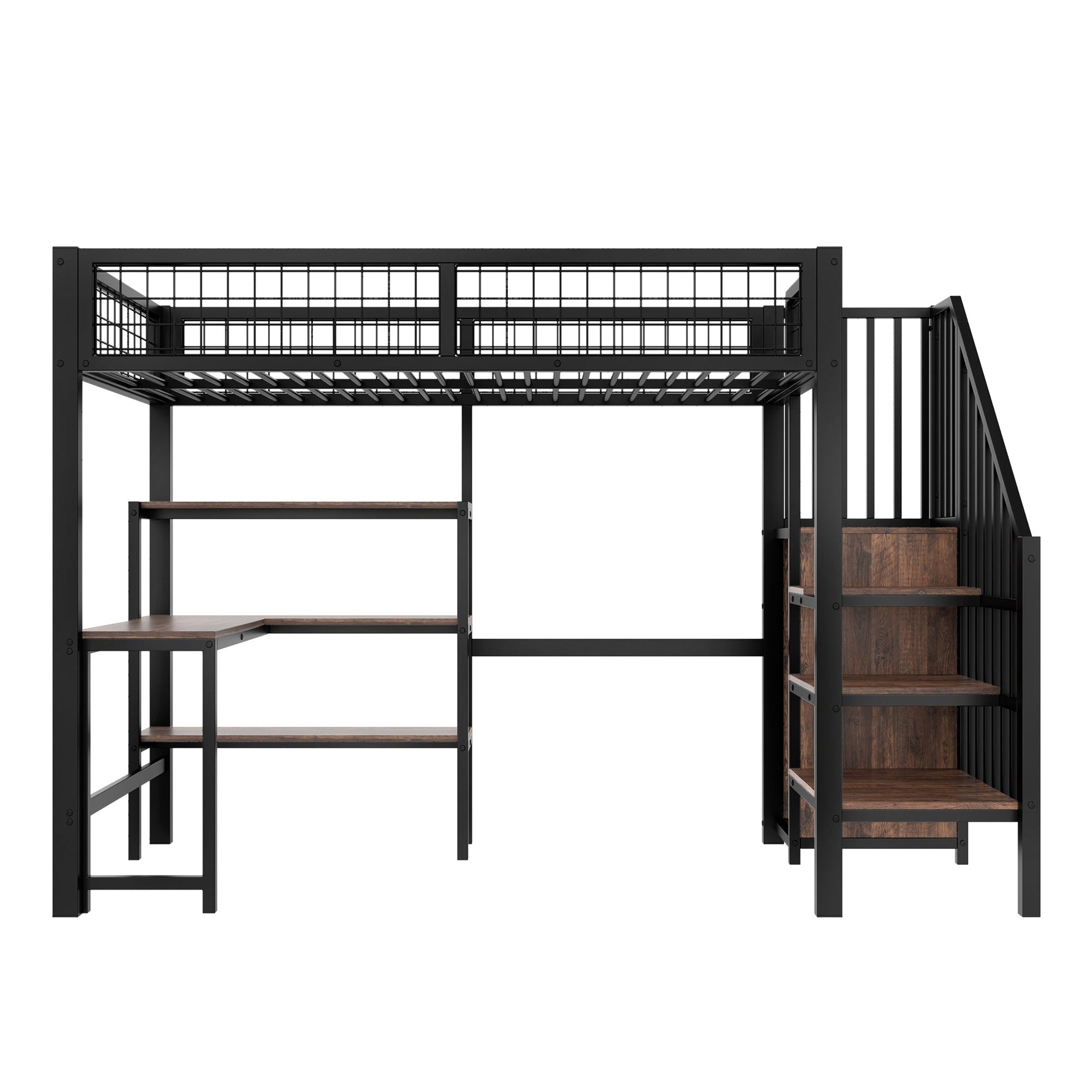 Loft Bed 90*200cm with Desk, Wardrobe and Storage Shelves, Black Iron and MDF