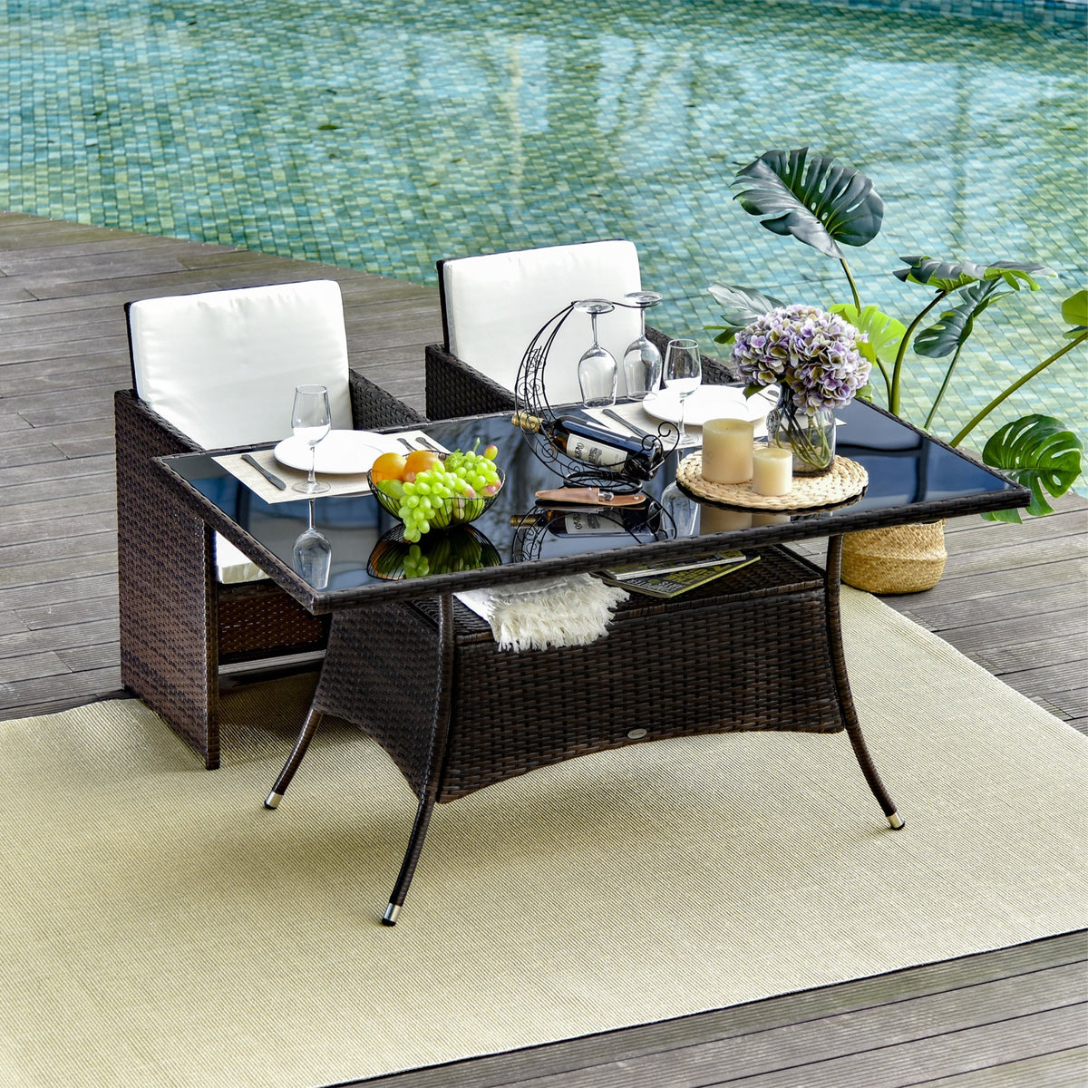Dining Table, Poryrattan Glass 150x85x74cm Safety Glass, Brown/Black