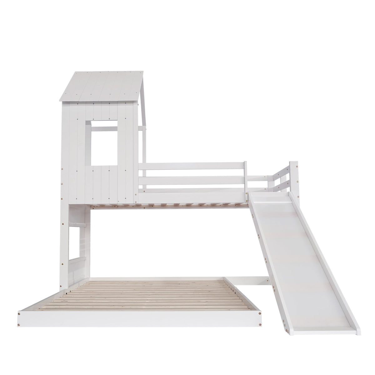 Bunk Bed, Slide House Bed with Safety Gate & Ladder, Pine + MDF, White