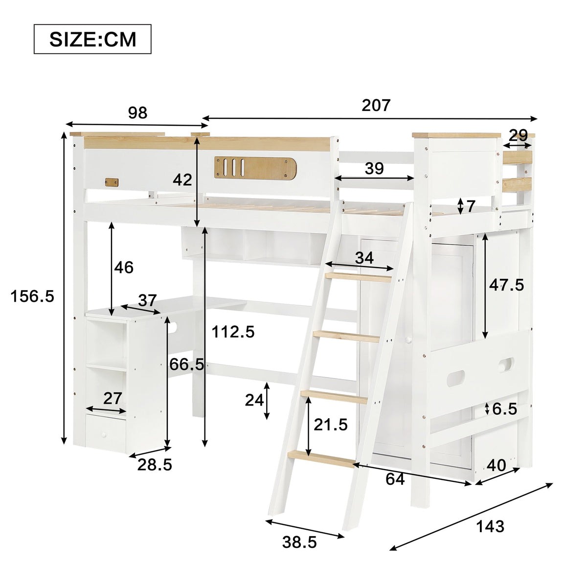 Bunk Bed with Safety Rail, Table, Wardrobe, Ladder, 90x200cm, Pine/MDF White/Natural