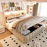 Upholstered Storage Bed 140x200 cm with LED & USB, Beige Linen