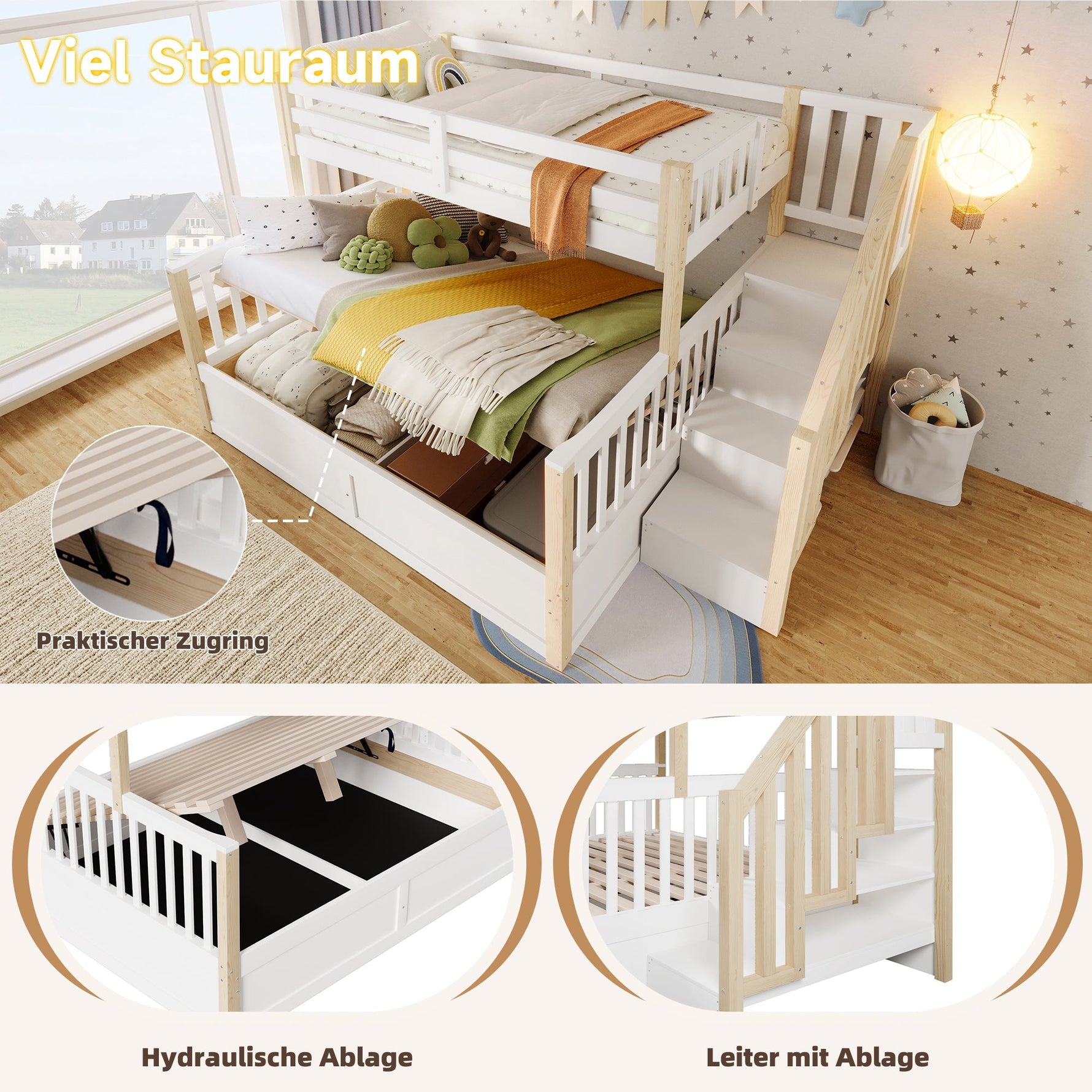 Bunk Bed 90x200/140x200cm Hydraulic Storage Ladder White/Natural