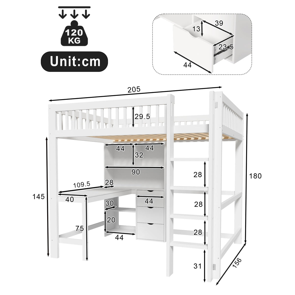 Loft Bed 140x200cm Storage Ladder Desk 3 Drawers, White