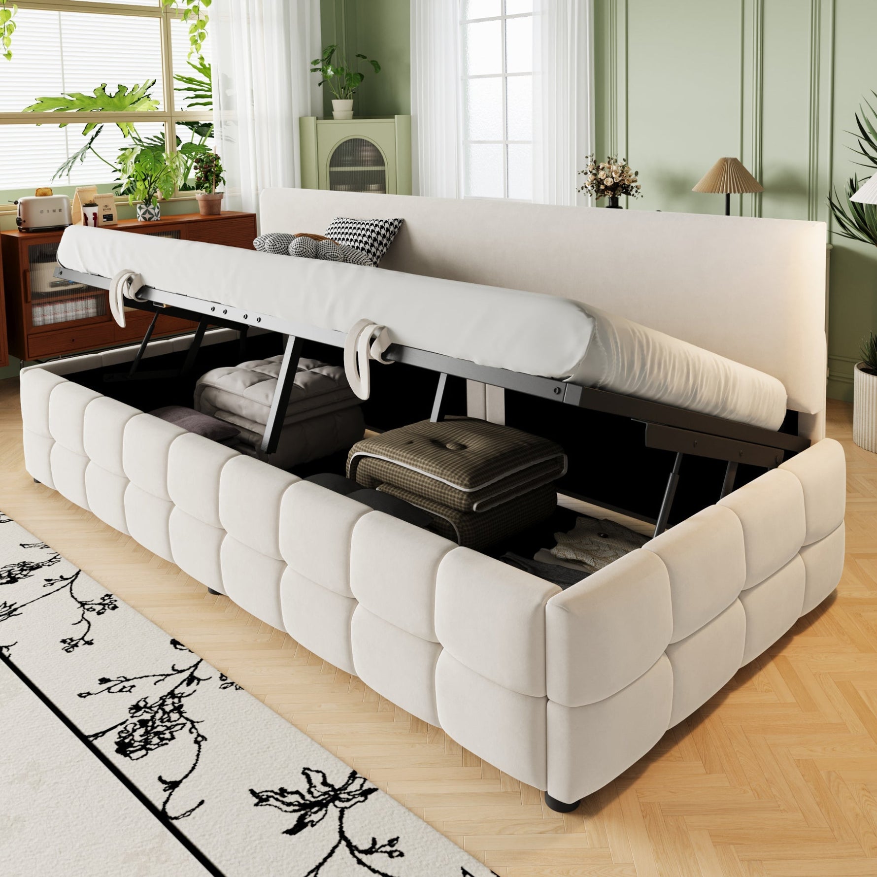 Upholstered Single Sofa Bed 90x200cm Hydraulic Storage Check Pattern - Beige Velvet