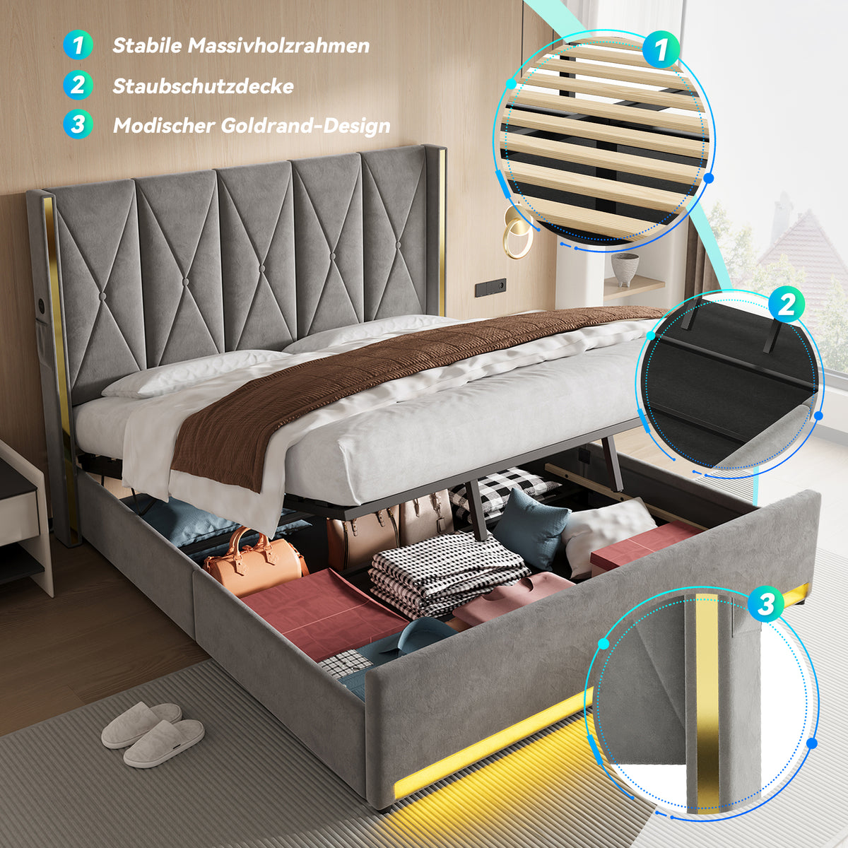 Padded Storage Bed 180x200cm with LED & USB, Velour
