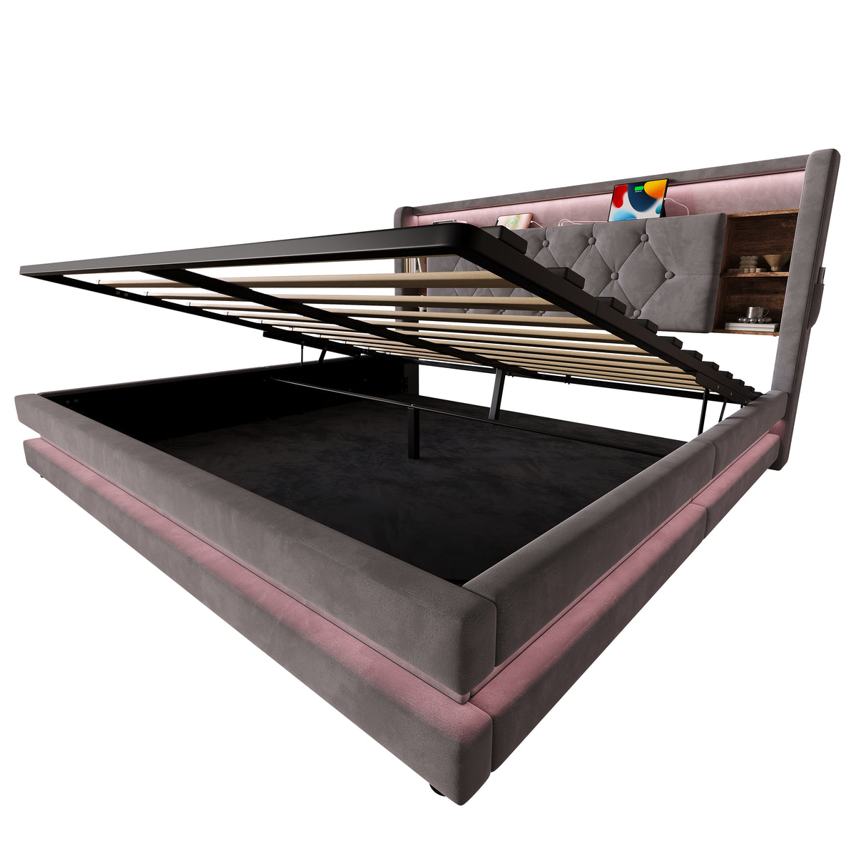 Upholstered Bed 160x200 with Storage & LED, Dark Gray Velvet