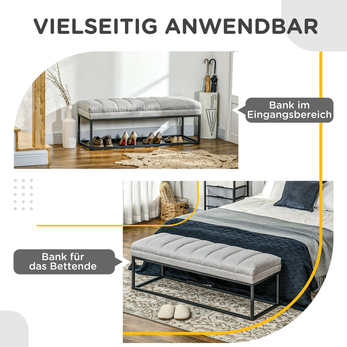 Linen look upholstered bench for bedroom, bed bench, dressing table, 200 kg, light grey steel